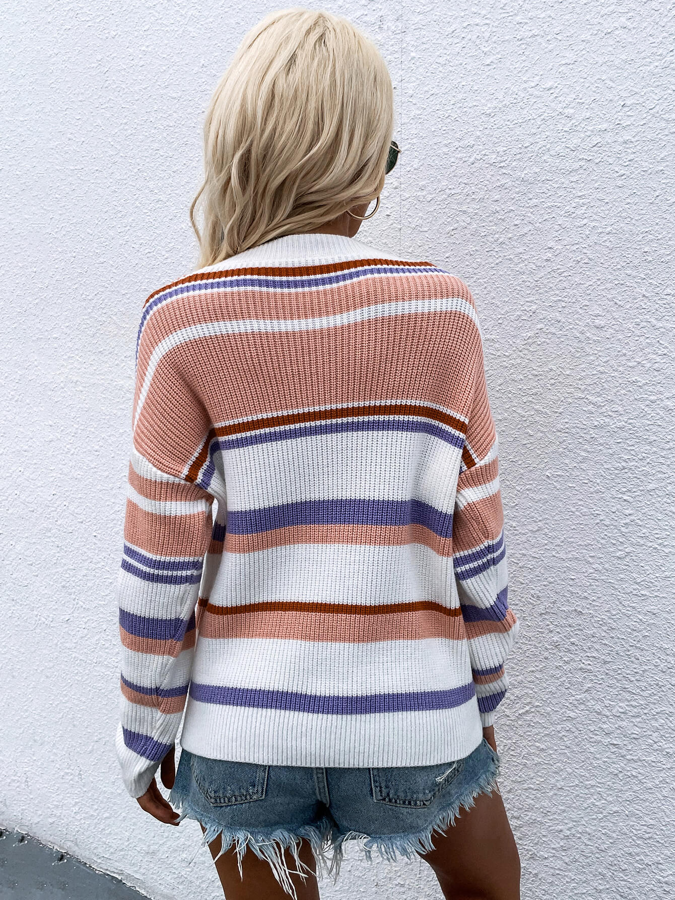 Egle | Suéter Rayas Hombros Caídos Cuello Redondo Pullover
