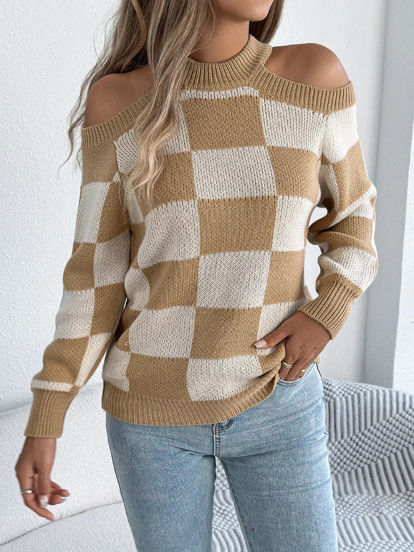 Amanda | Suéter Hombros Al Aire Checkered Manga Larga