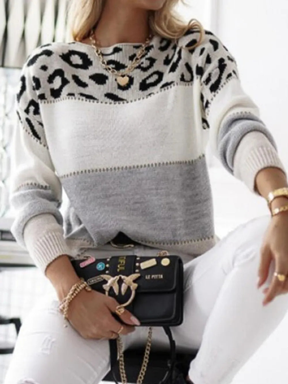 Barbara | Suéter Leopard Bicolor Cuello Redondo Manga Larga