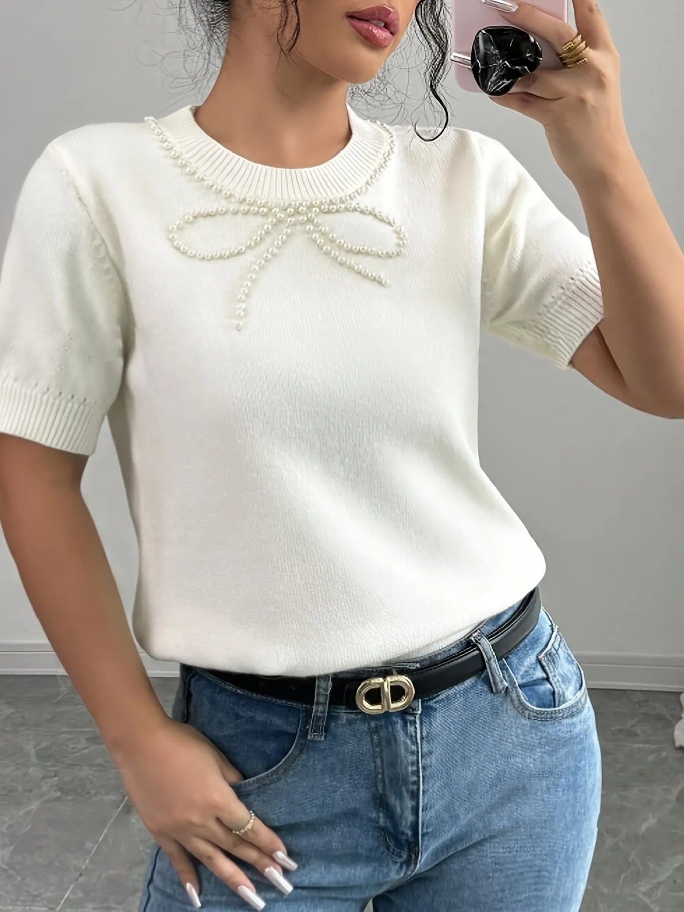 Clelia | Suéter Con Perlas Lazo Embellished Cuello Redondo