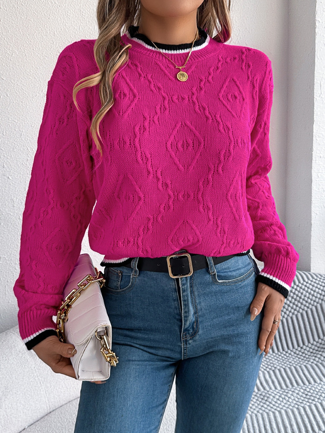 Arlene | Suéter Con Contraste Trim Cuello Redondo Manga Larga
