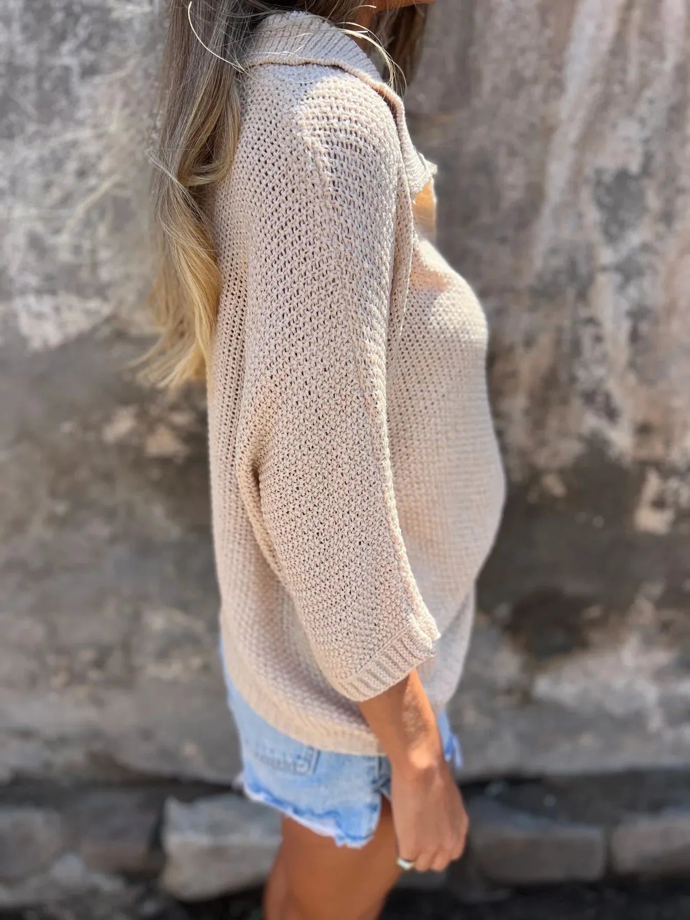 Aurea | Suéter Full Size Johnny Collar Loose Tejido Plus Size