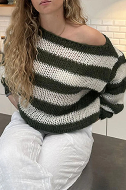 Areli | Suéter Con Contraste Rayas Cuello Barco Manga Larga
