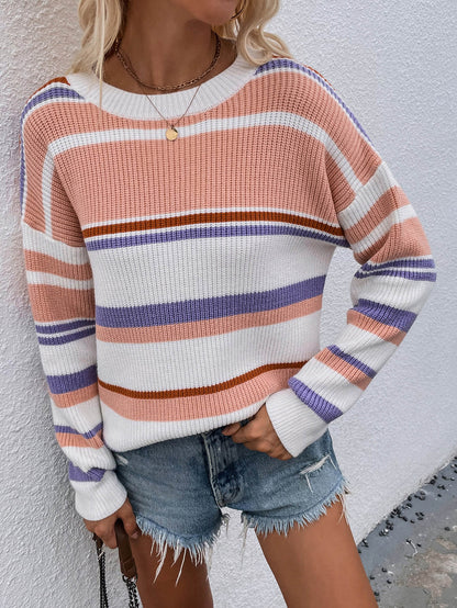 Egle | Suéter Rayas Hombros Caídos Cuello Redondo Pullover