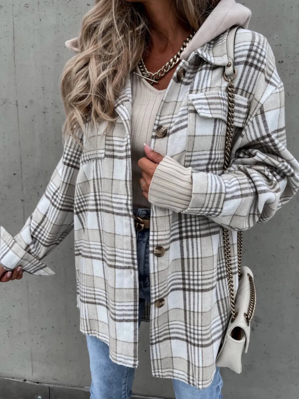 Paulina | Chaqueta Cuadros Clásica - Gris Claro