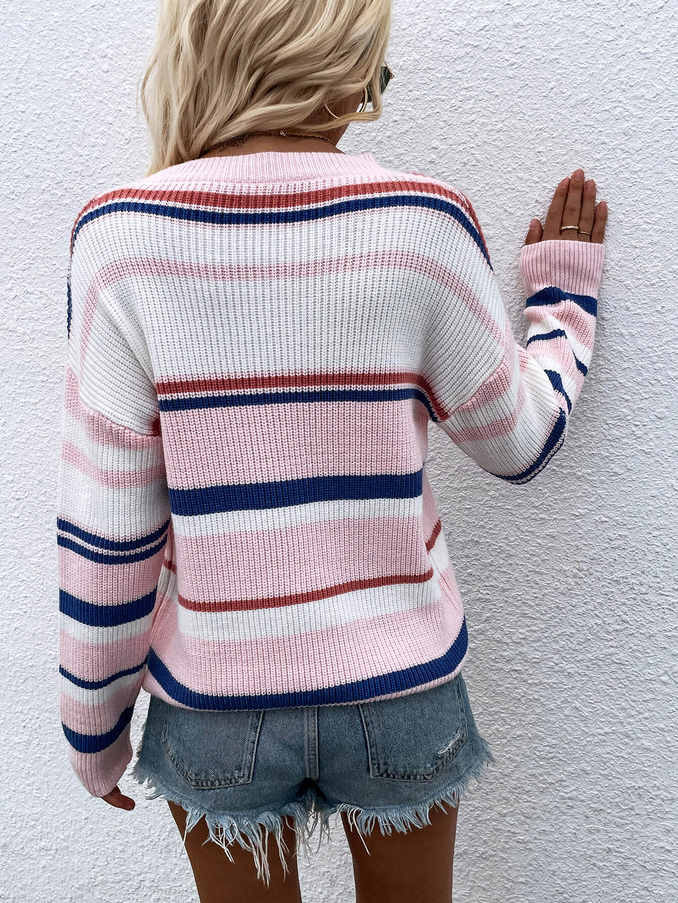 Egle | Suéter Rayas Hombros Caídos Cuello Redondo Pullover