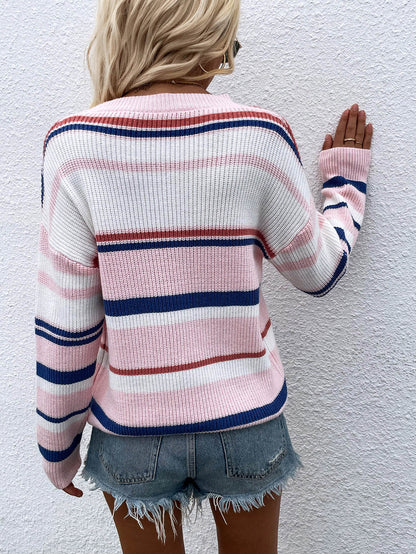 Egle | Suéter Rayas Hombros Caídos Cuello Redondo Pullover