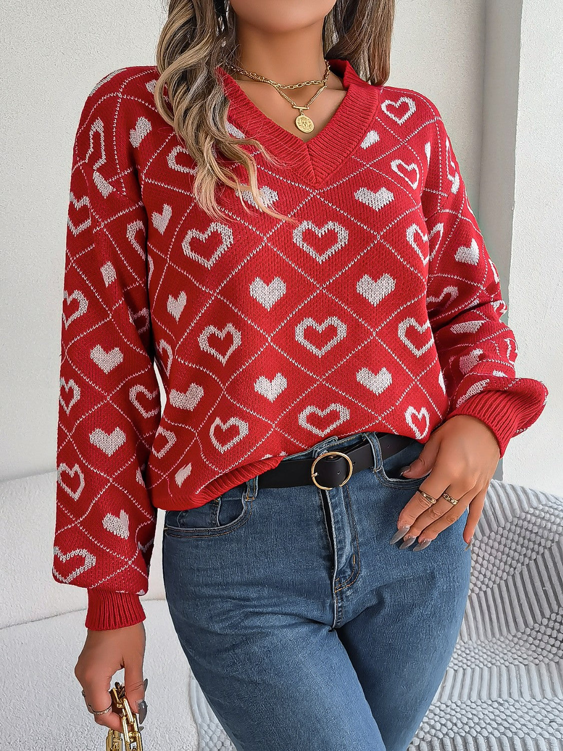 Ayelen | Suéter Heart Estampado Escote V Manga Larga
