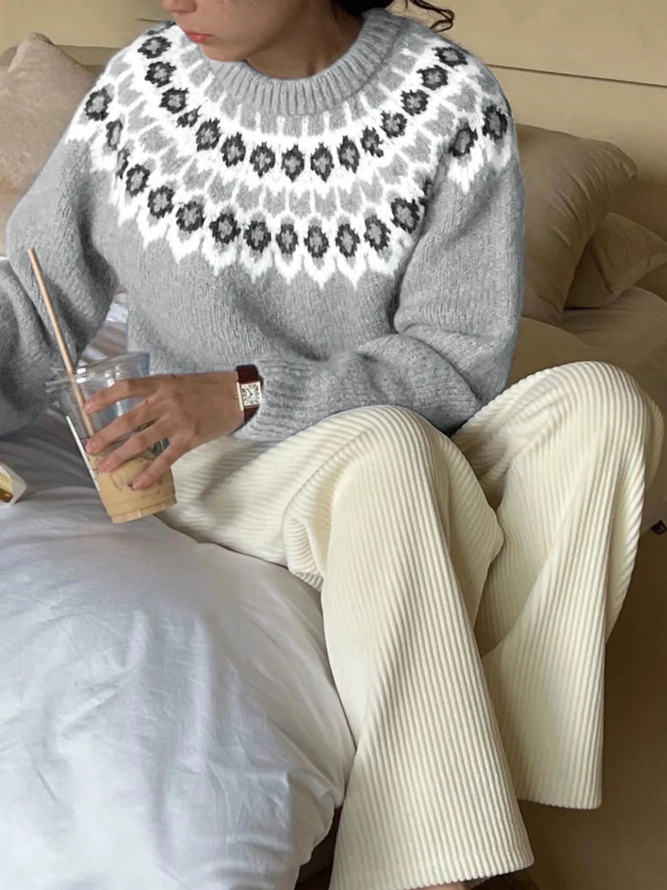 Bertha | Suéter Nordic Fair Isle Estampado Cuello Redondo