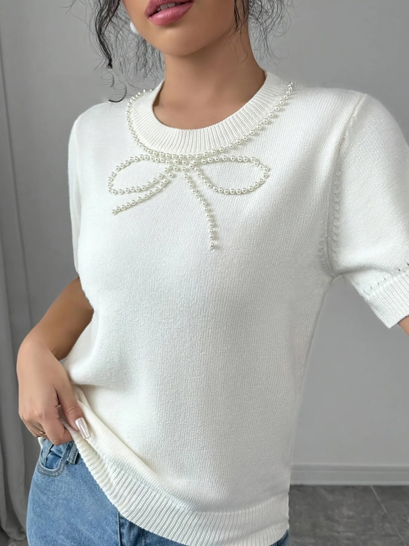 Clelia | Suéter Con Perlas Lazo Embellished Cuello Redondo