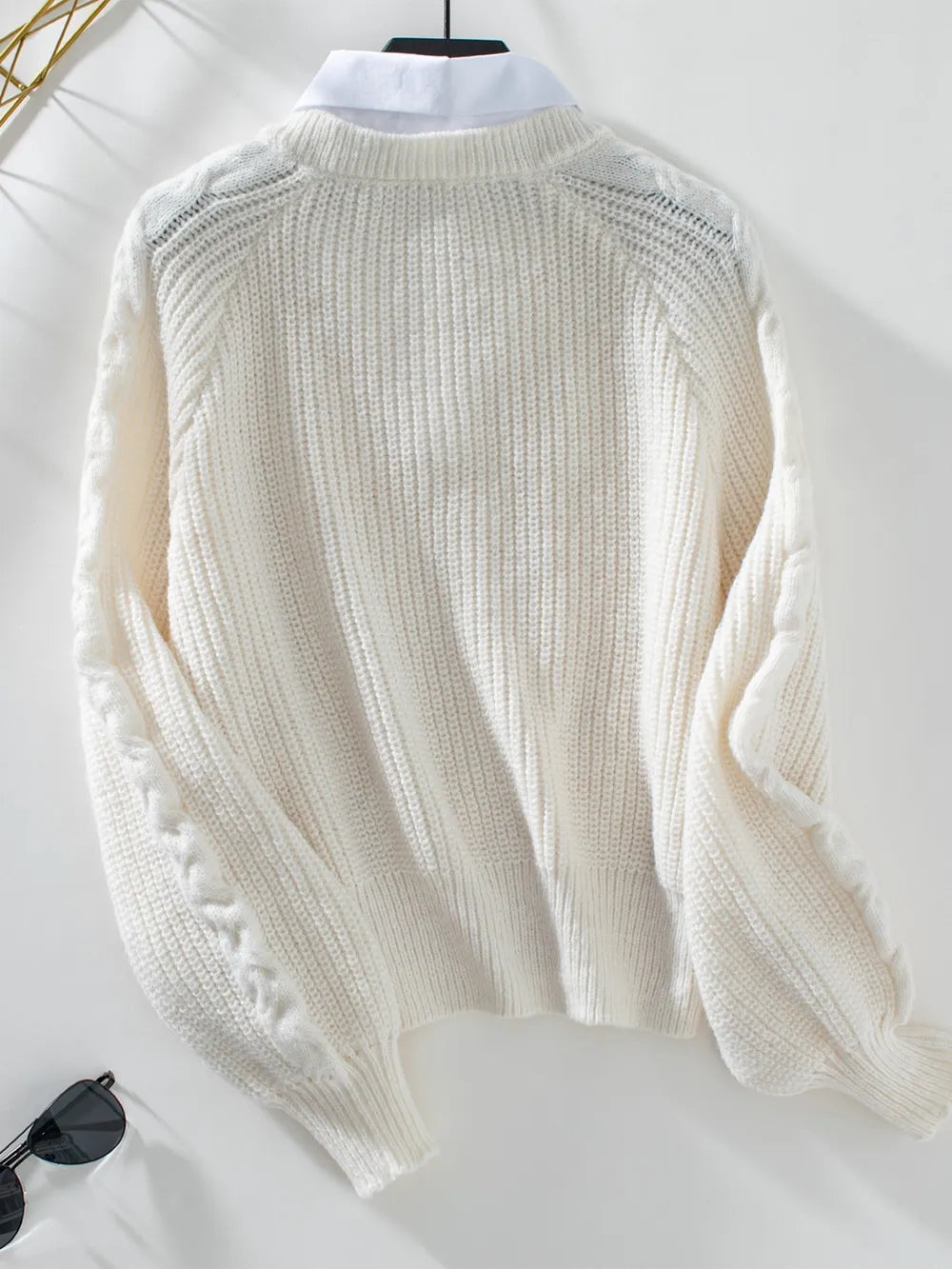 Alena | Suéter Tejido Trenzado Cuello Camisero Efecto Doble Capa
