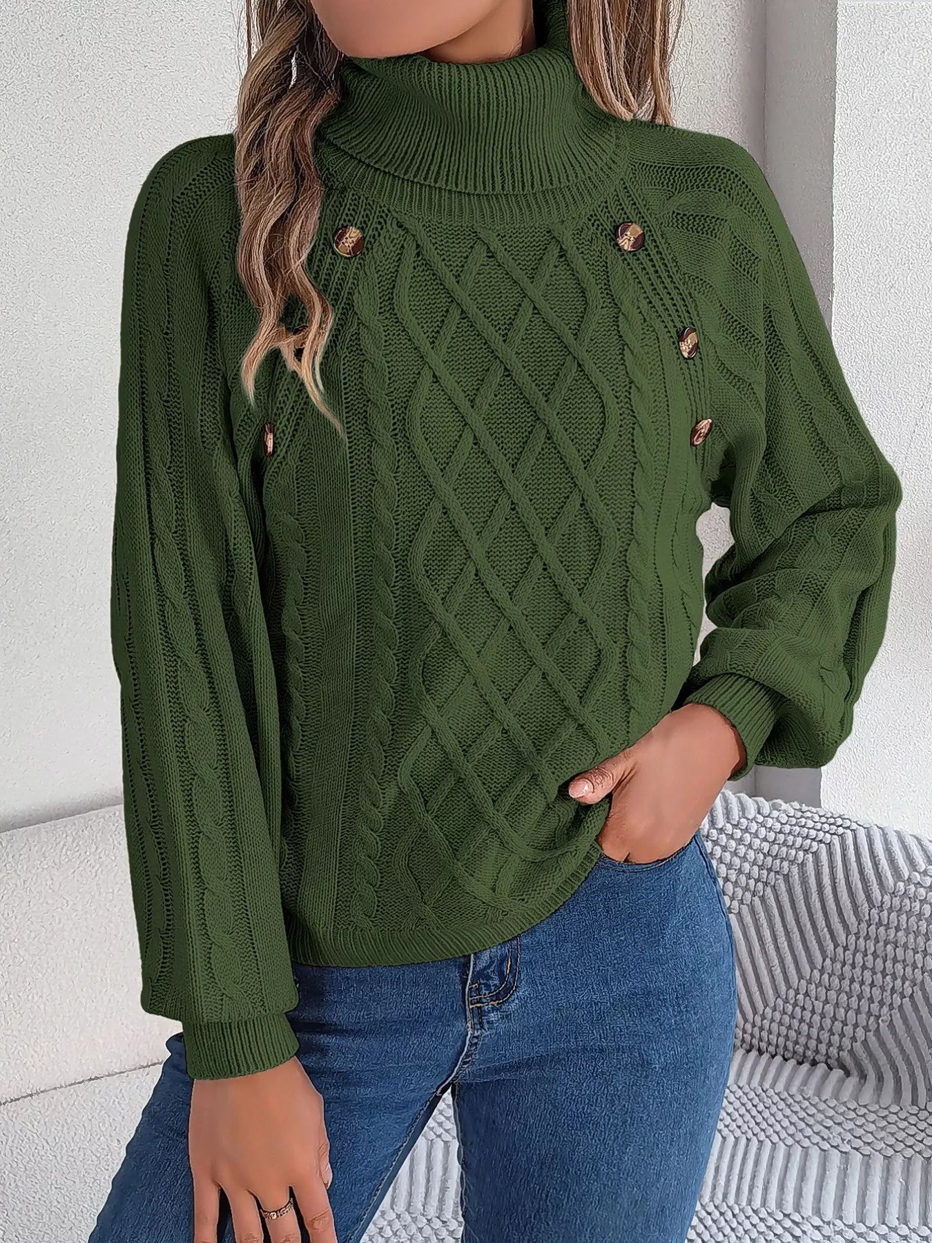 Albina | Suéter Tejido Trenzado Cuello Alto Manga Larga