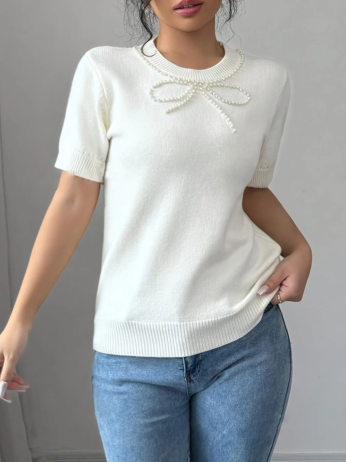 Clelia | Suéter Con Perlas Lazo Embellished Cuello Redondo