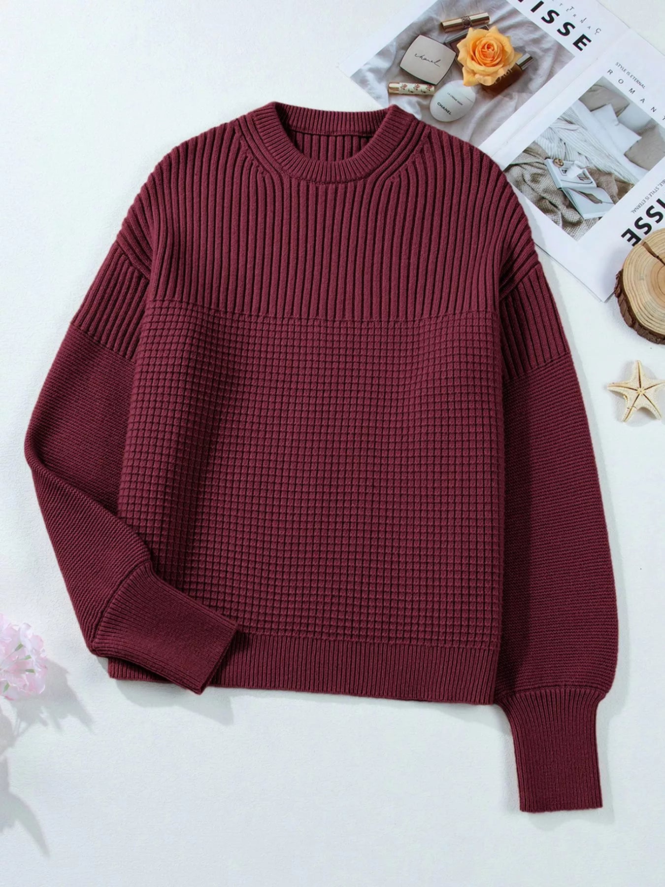 Domitila | Suéter Solid Color Mixed Tejido Texturizadoted Crew