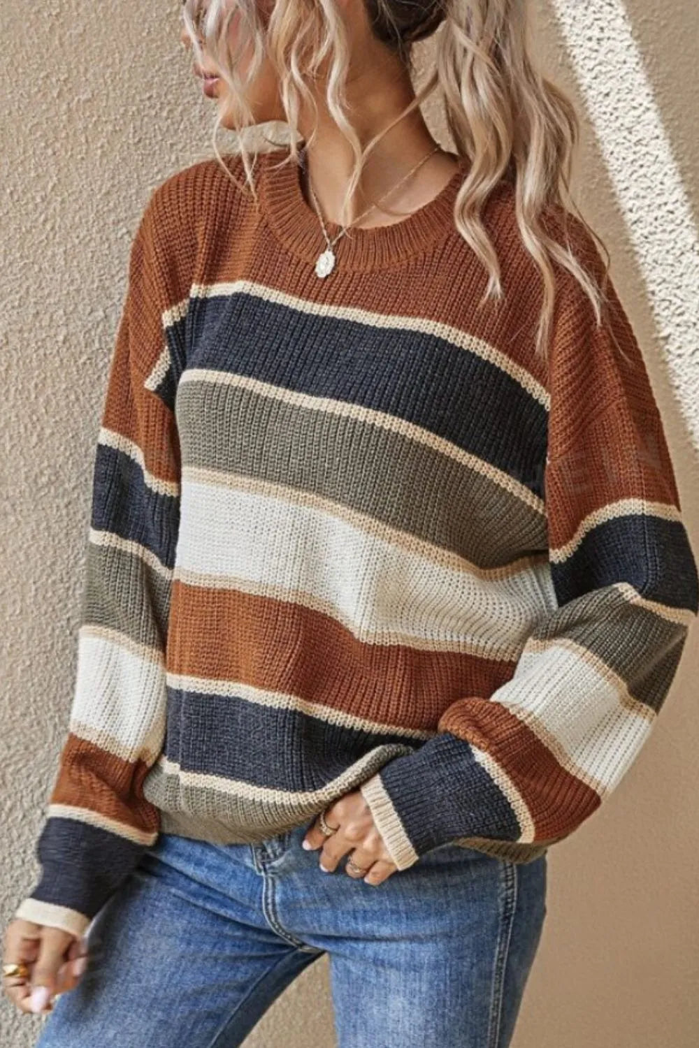 Arelis | Suéter Con Contraste Rayas Cuello Redondo Manga Larga