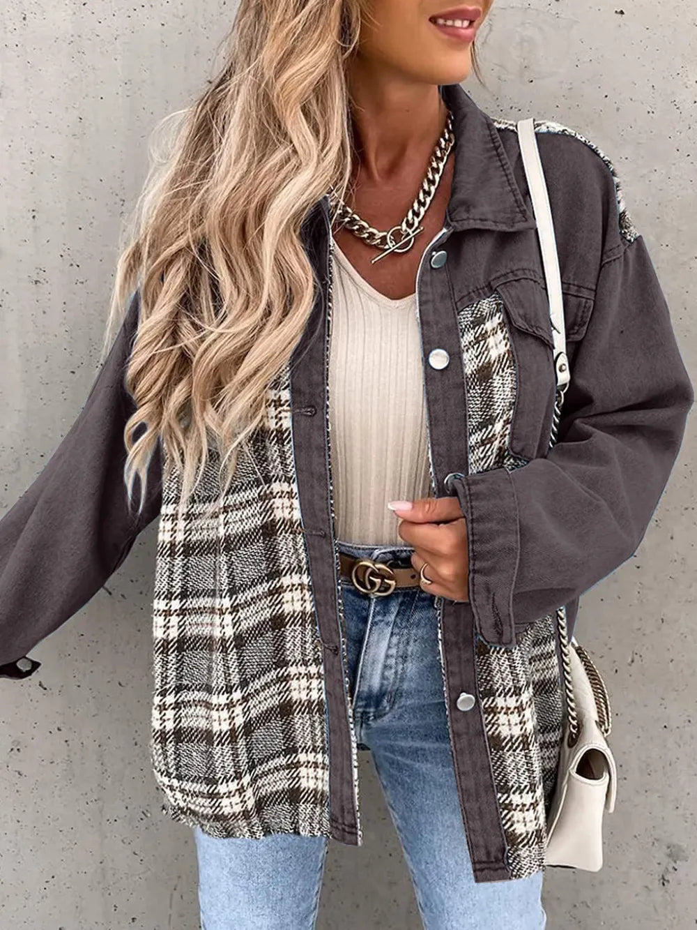 Renata | Chaqueta Cuadros Clásica - Gris Oscuro
