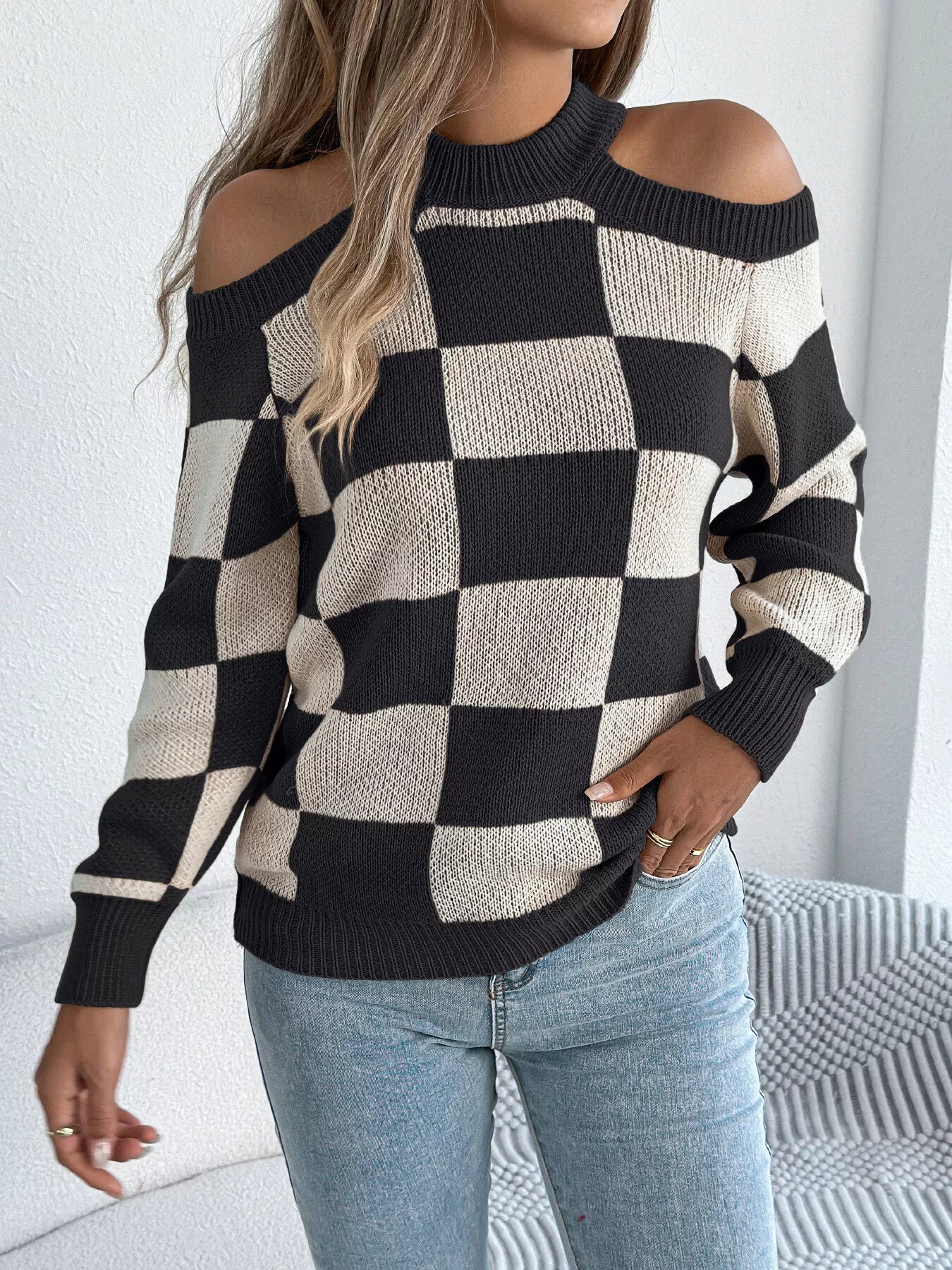Amanda | Suéter Hombros Al Aire Checkered Manga Larga