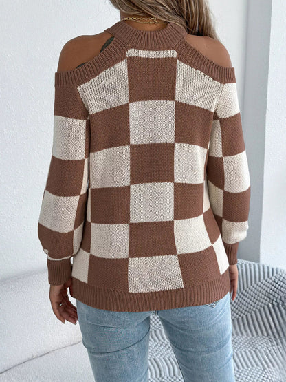 Amanda | Suéter Hombros Al Aire Checkered Manga Larga