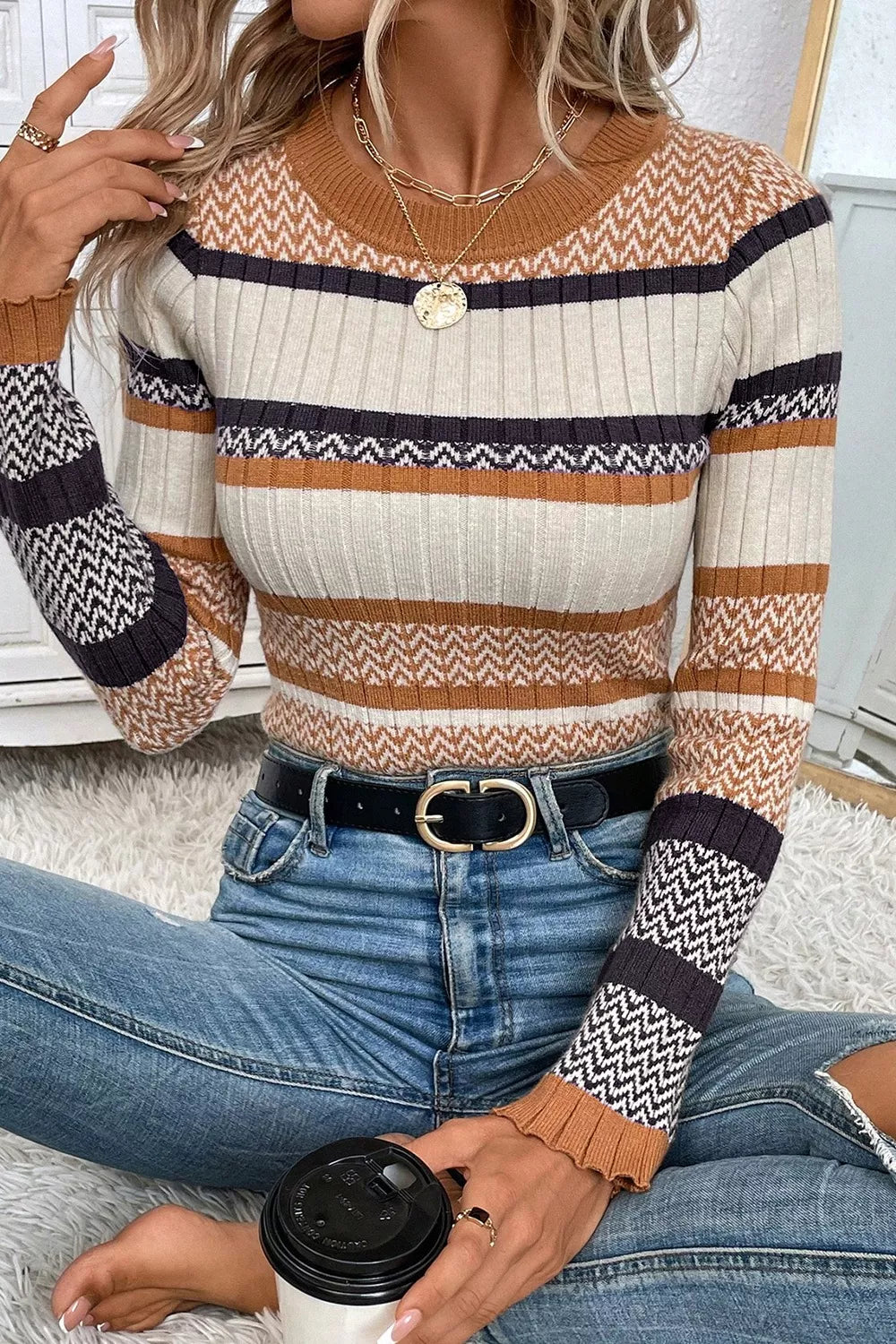 Dunia | Suéter Stripe Stylish Estampado Tejidoted Acanalado Trim Slim