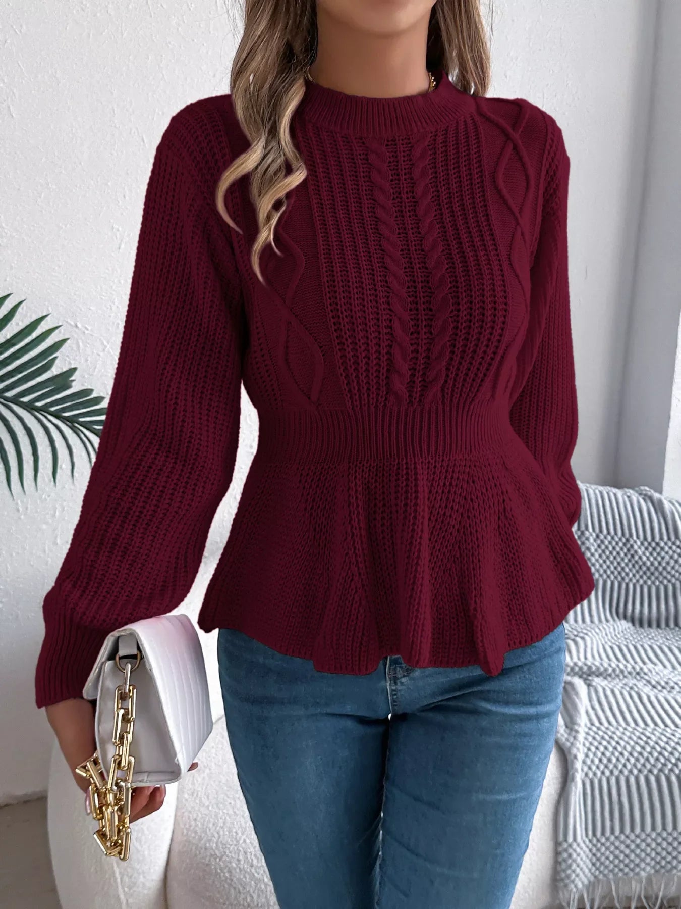 Alara | Suéter Tejido Trenzado Cuello Redondo Peplum