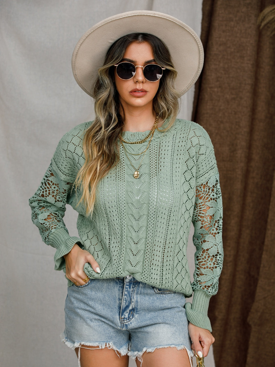 Auba | Suéter Eyelet Crochet Manga Linterna
