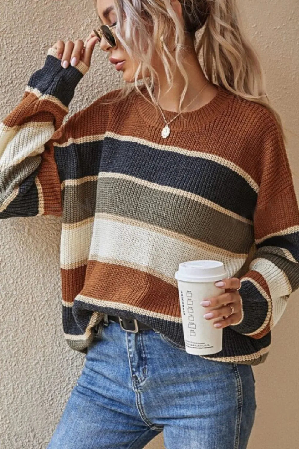 Arelis | Suéter Con Contraste Rayas Cuello Redondo Manga Larga