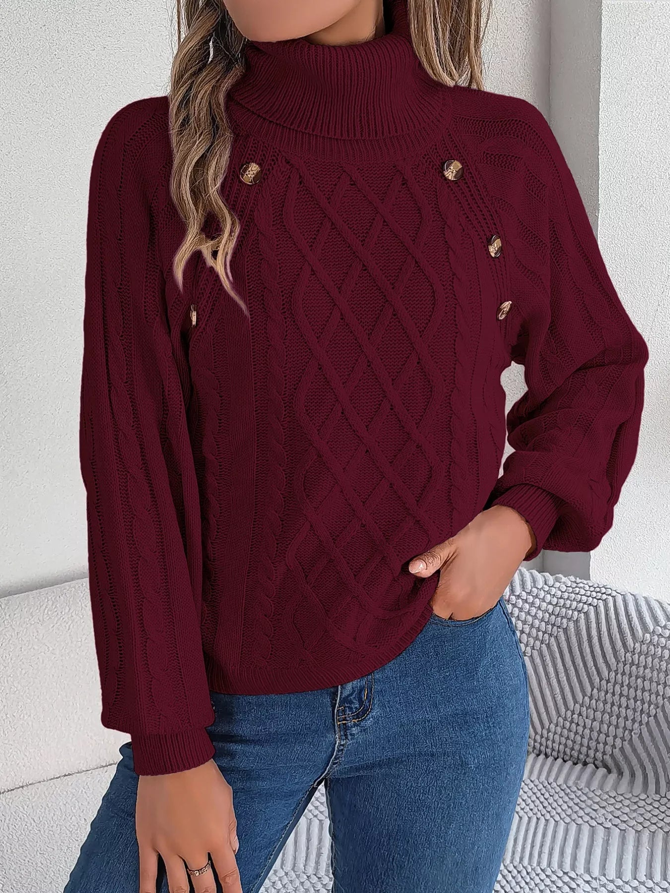 Albina | Suéter Tejido Trenzado Cuello Alto Manga Larga