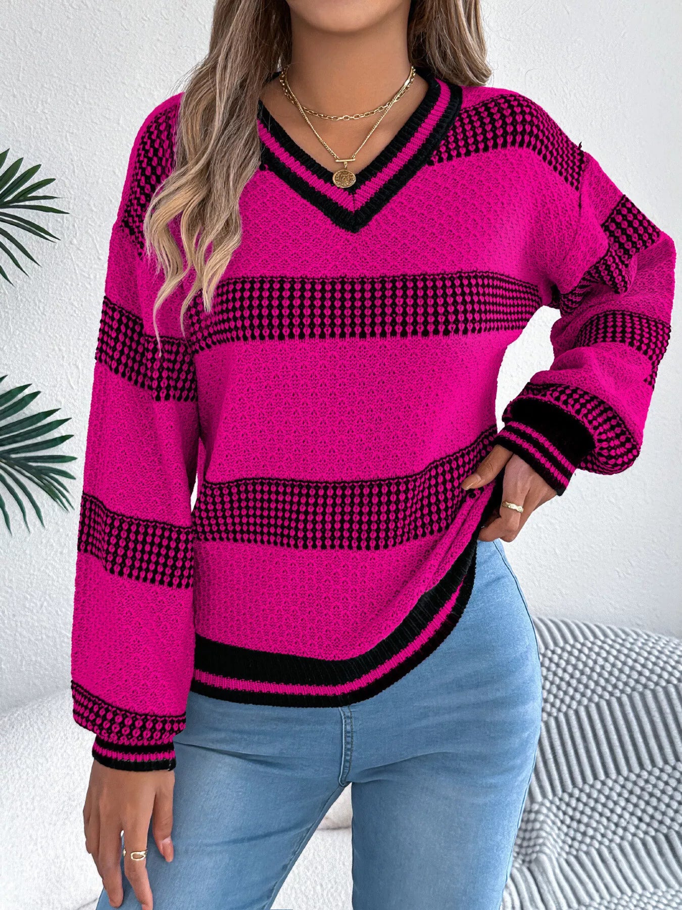 Arianna | Suéter Con Contraste Rayas Escote V