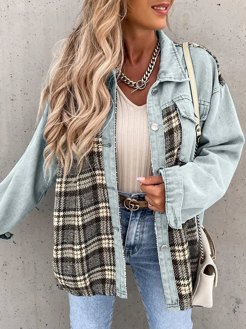 Renata | Chaqueta Cuadros Clásica - Azul Claro