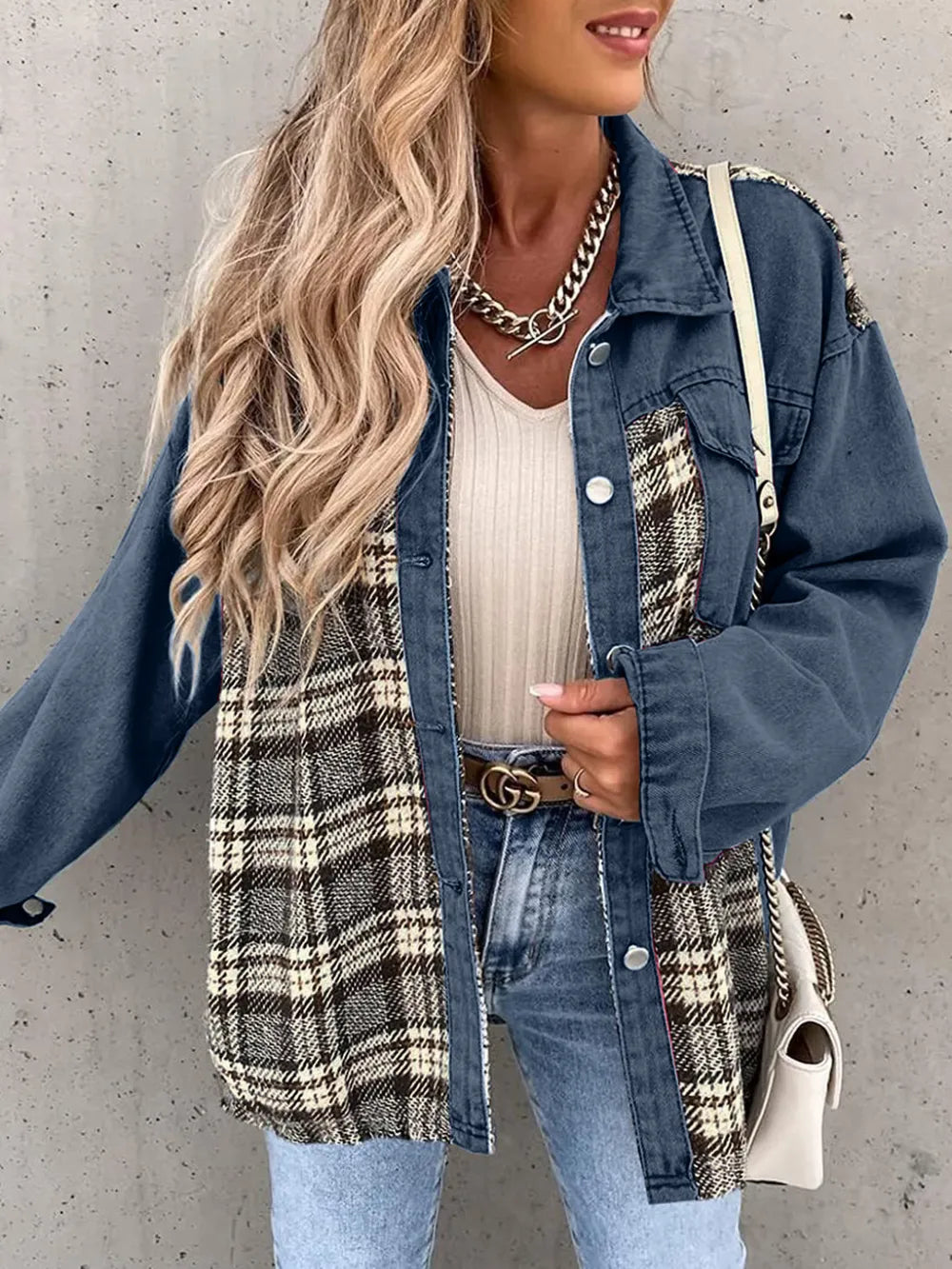 Renata | Chaqueta Cuadros Clásica - Dusty Azul