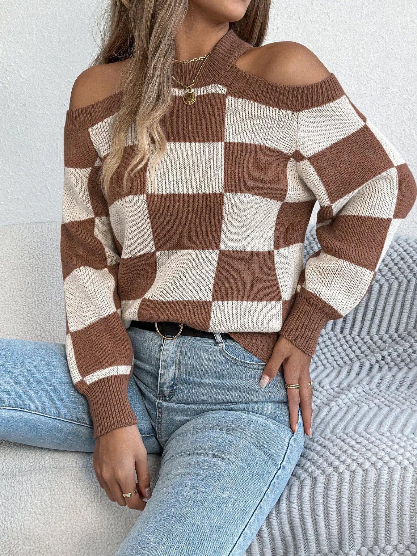 Amanda | Suéter Hombros Al Aire Checkered Manga Larga
