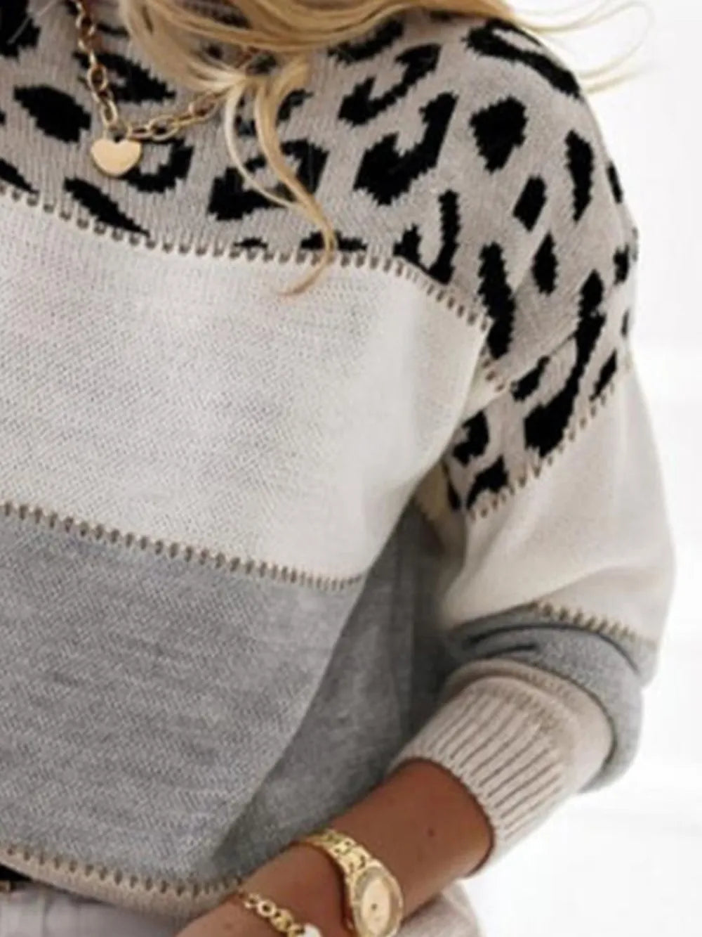 Barbara | Suéter Leopard Bicolor Cuello Redondo Manga Larga
