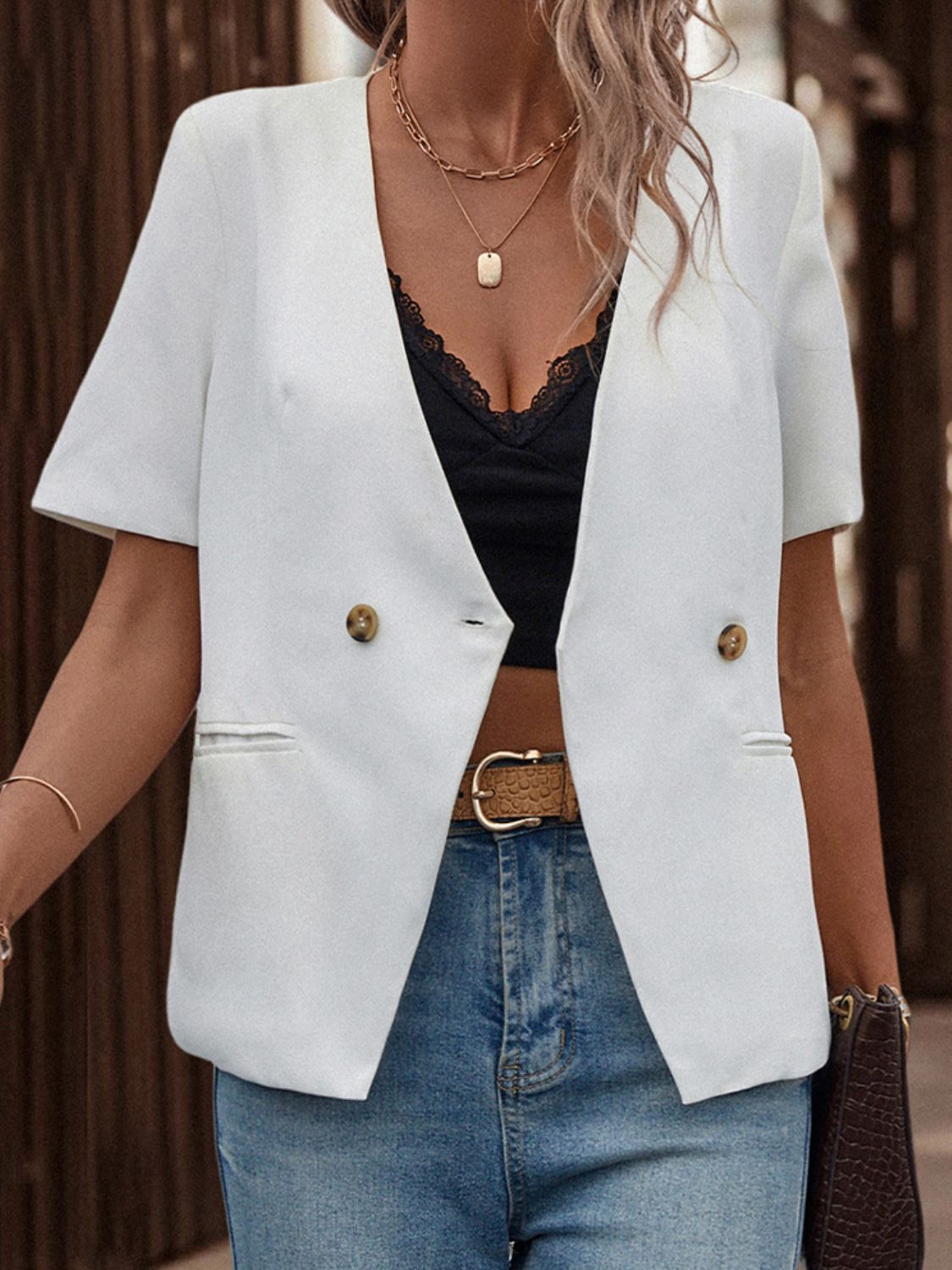 Ingrid | Blazer Brillante Manga Corta con Bolsillo