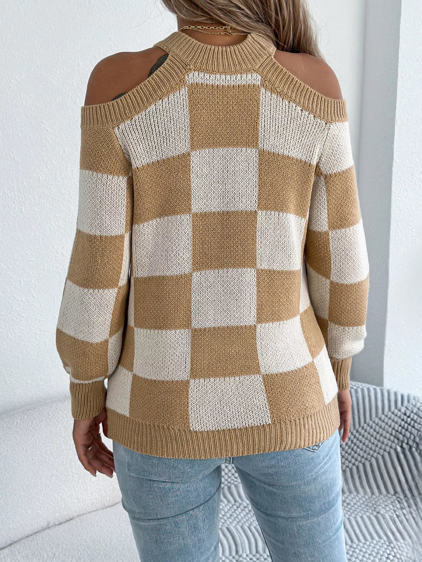 Amanda | Suéter Hombros Al Aire Checkered Manga Larga