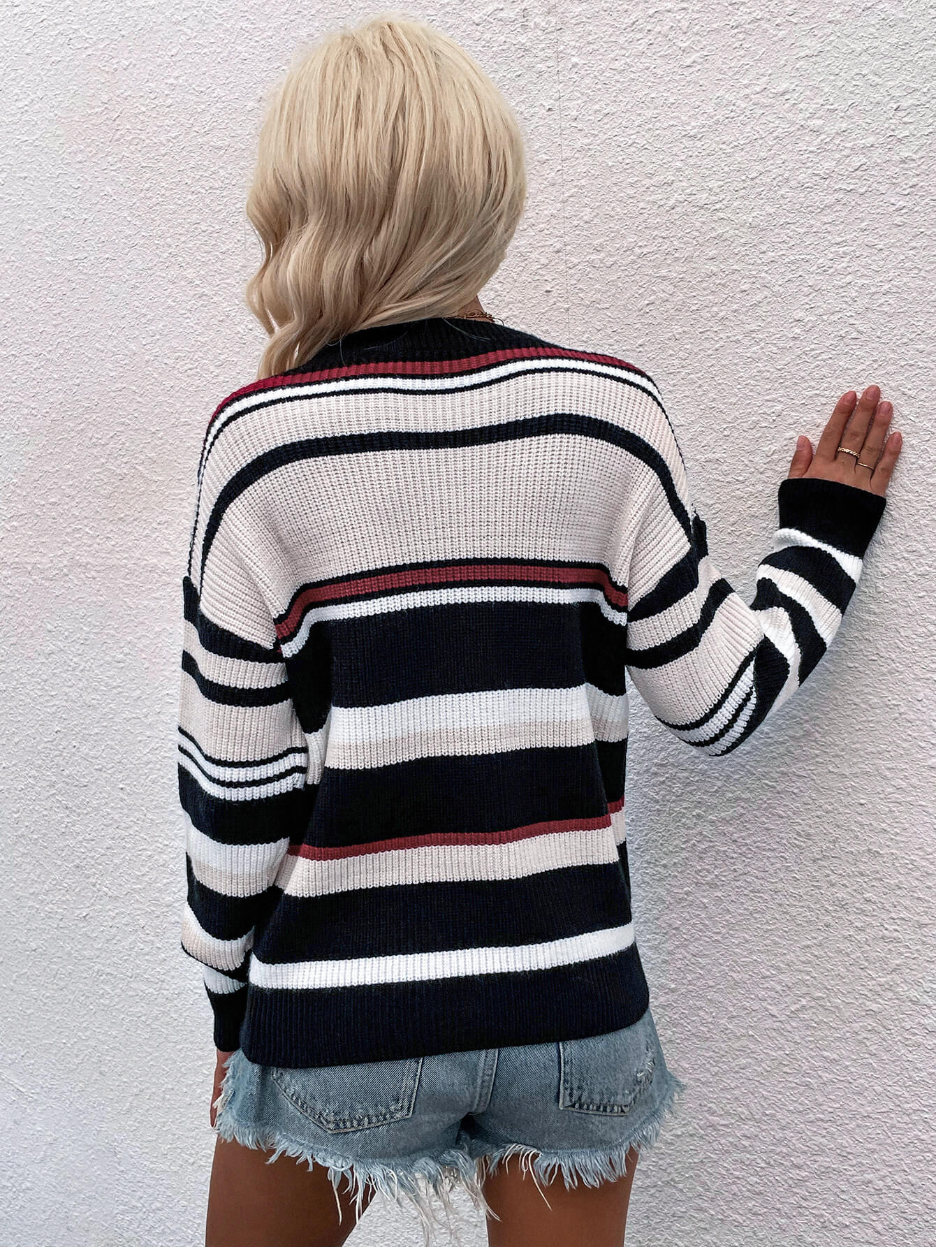 Egle | Suéter Rayas Hombros Caídos Cuello Redondo Pullover