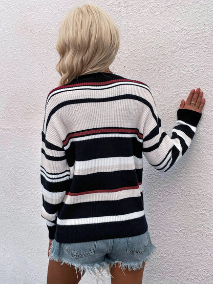 Egle | Suéter Rayas Hombros Caídos Cuello Redondo Pullover