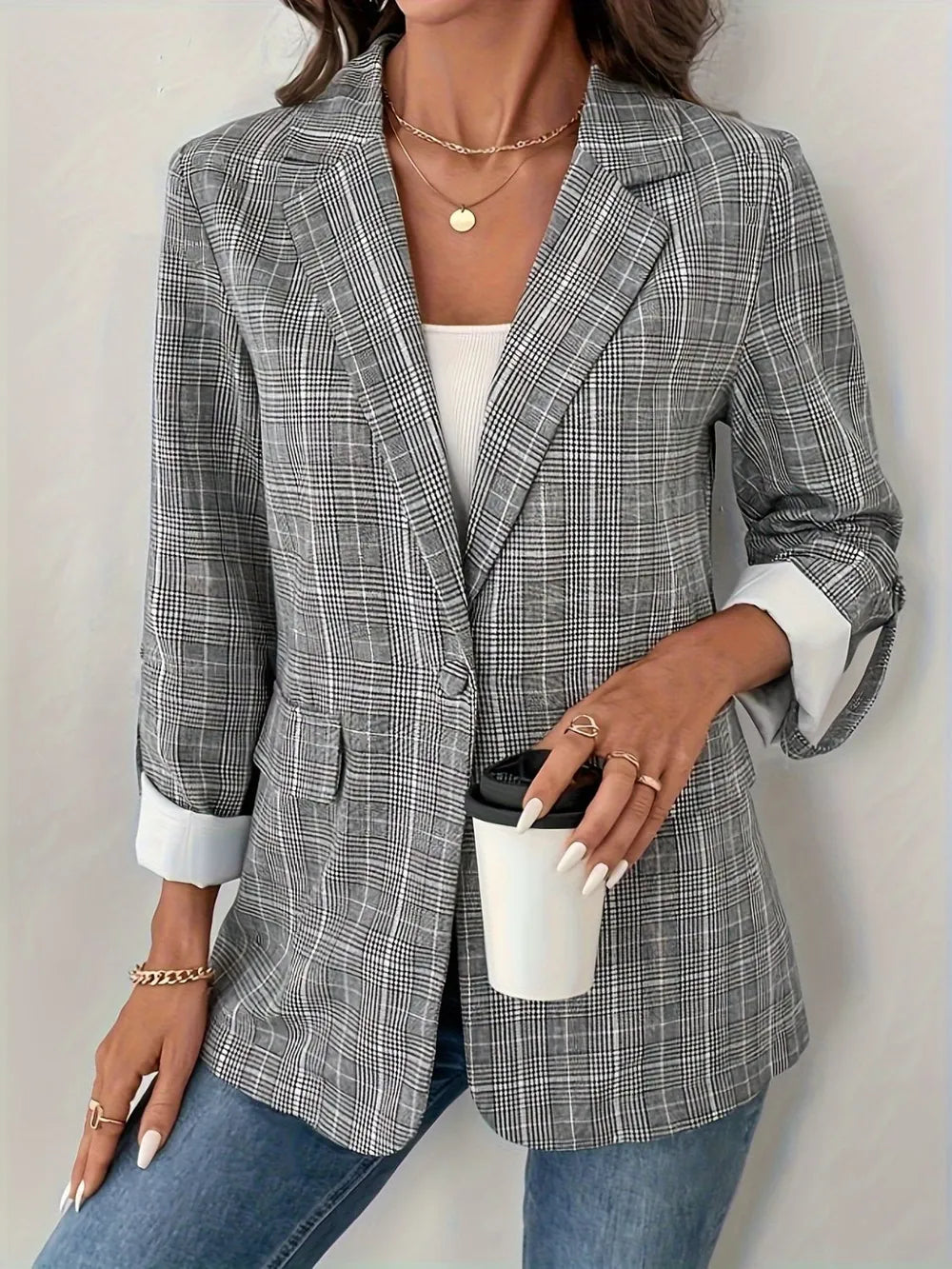 Jimena | Blazer Cuadros Cuello Solapa Un Botonadura