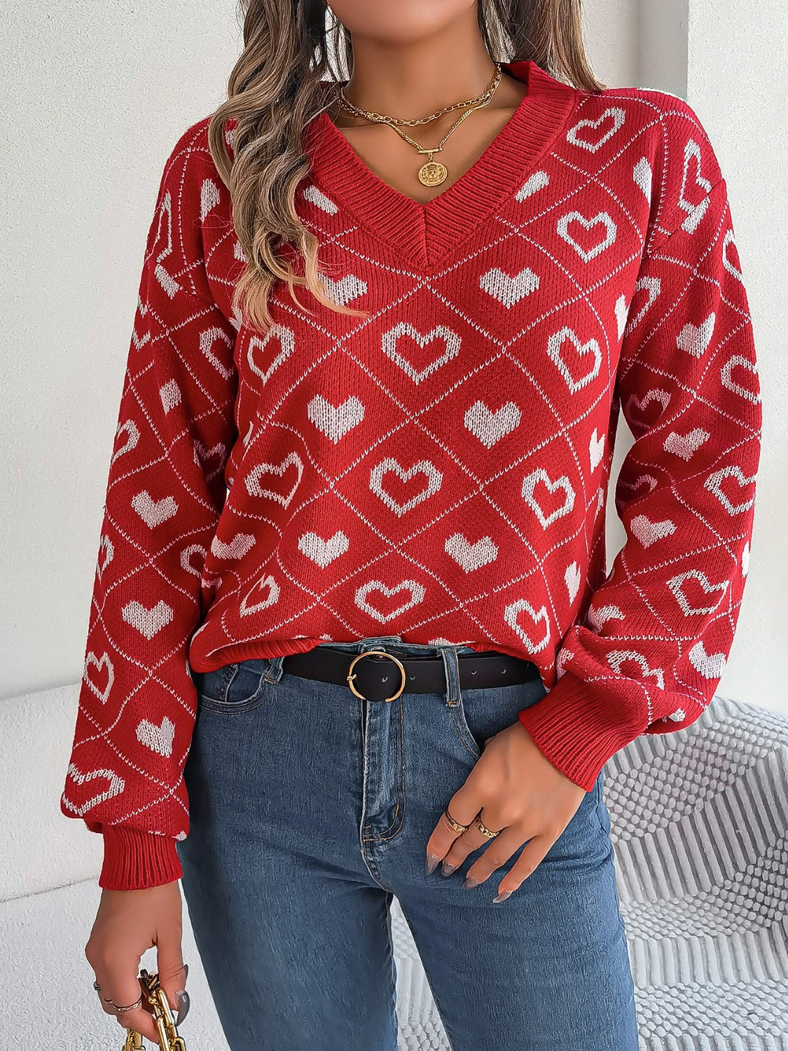 Ayelen | Suéter Heart Estampado Escote V Manga Larga