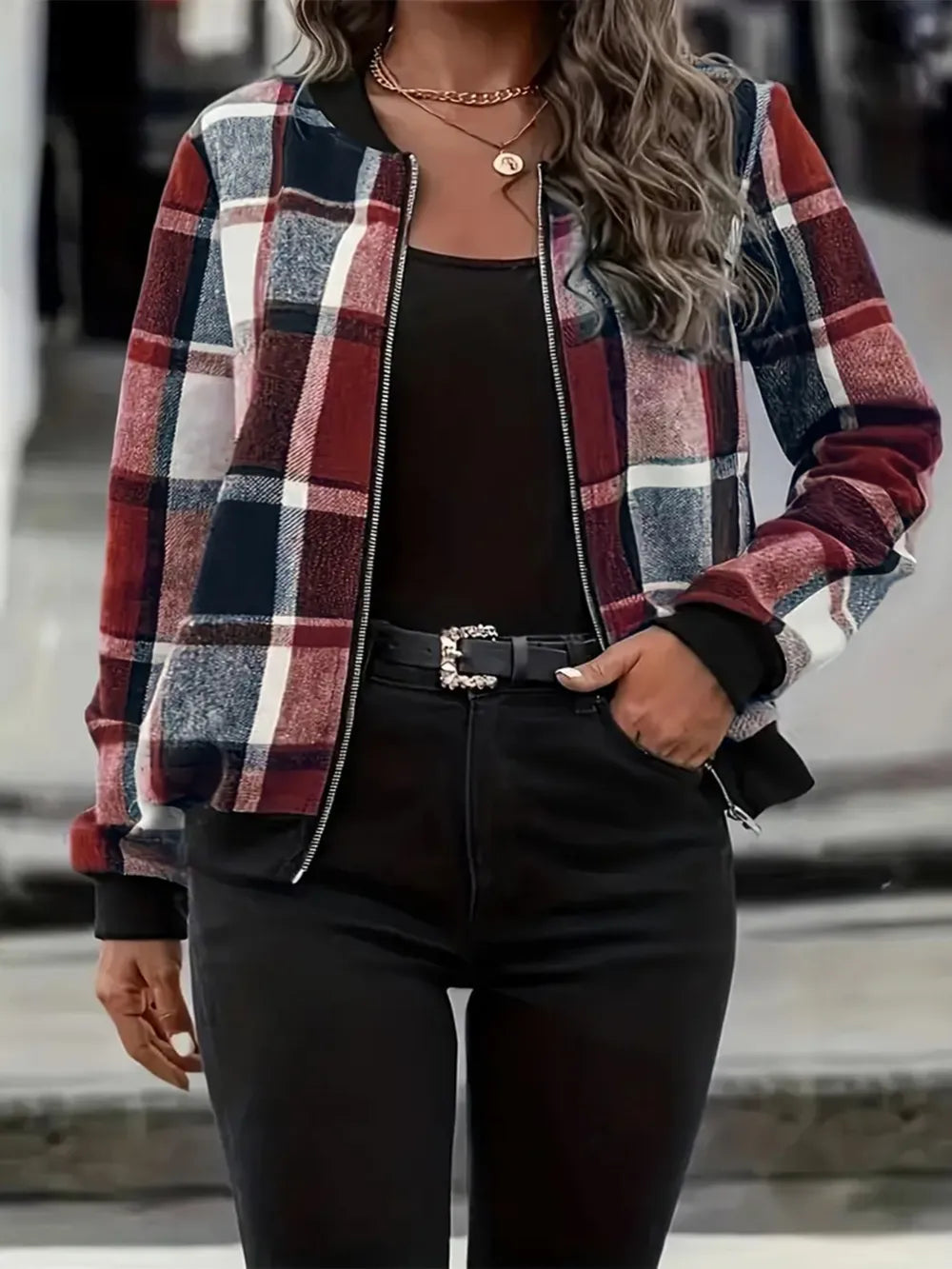 Inés | Chaqueta Tartán Elegante - Borgoña