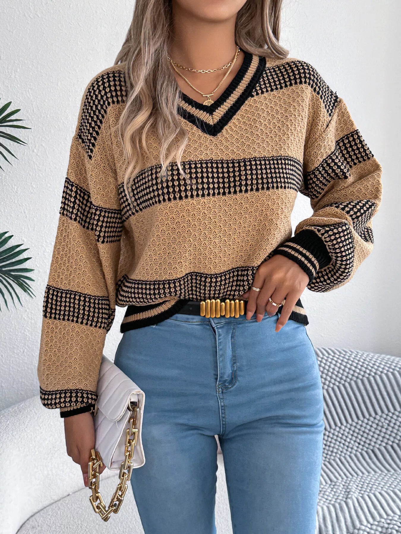 Arianna | Suéter Con Contraste Rayas Escote V