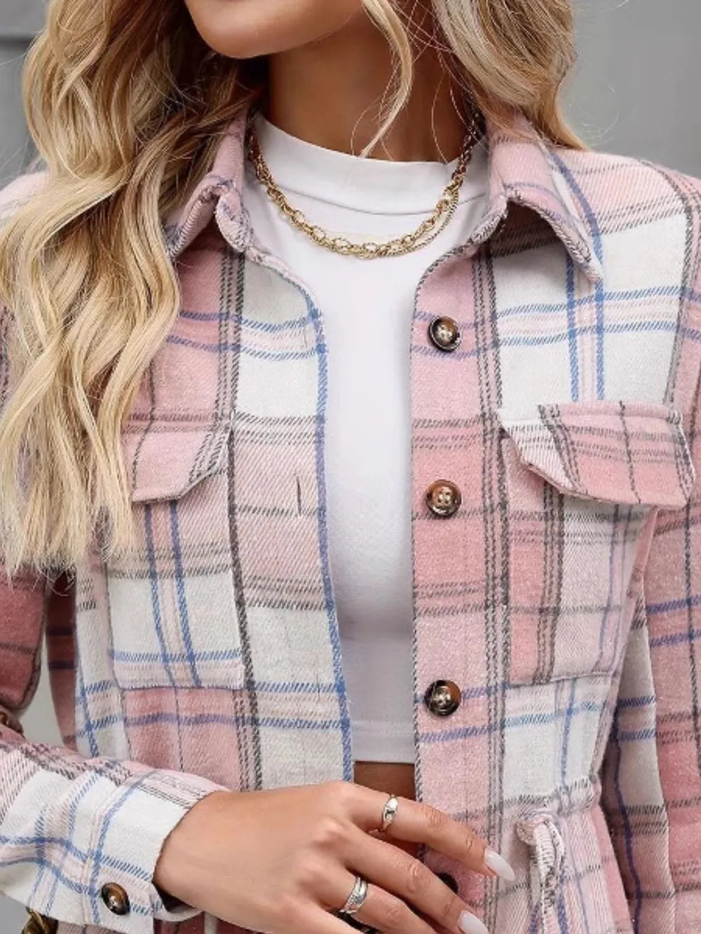 Pía | Chaqueta Cuadros Clásica - Rosado Empolvado Rosado