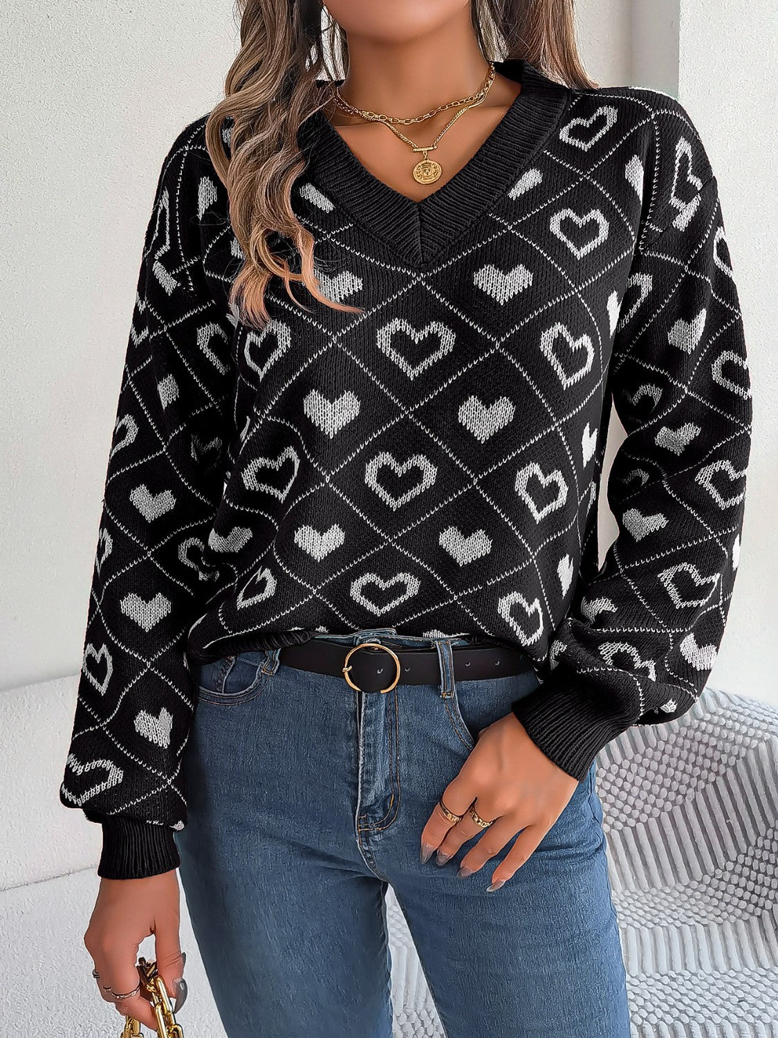 Ayelen | Suéter Heart Estampado Escote V Manga Larga