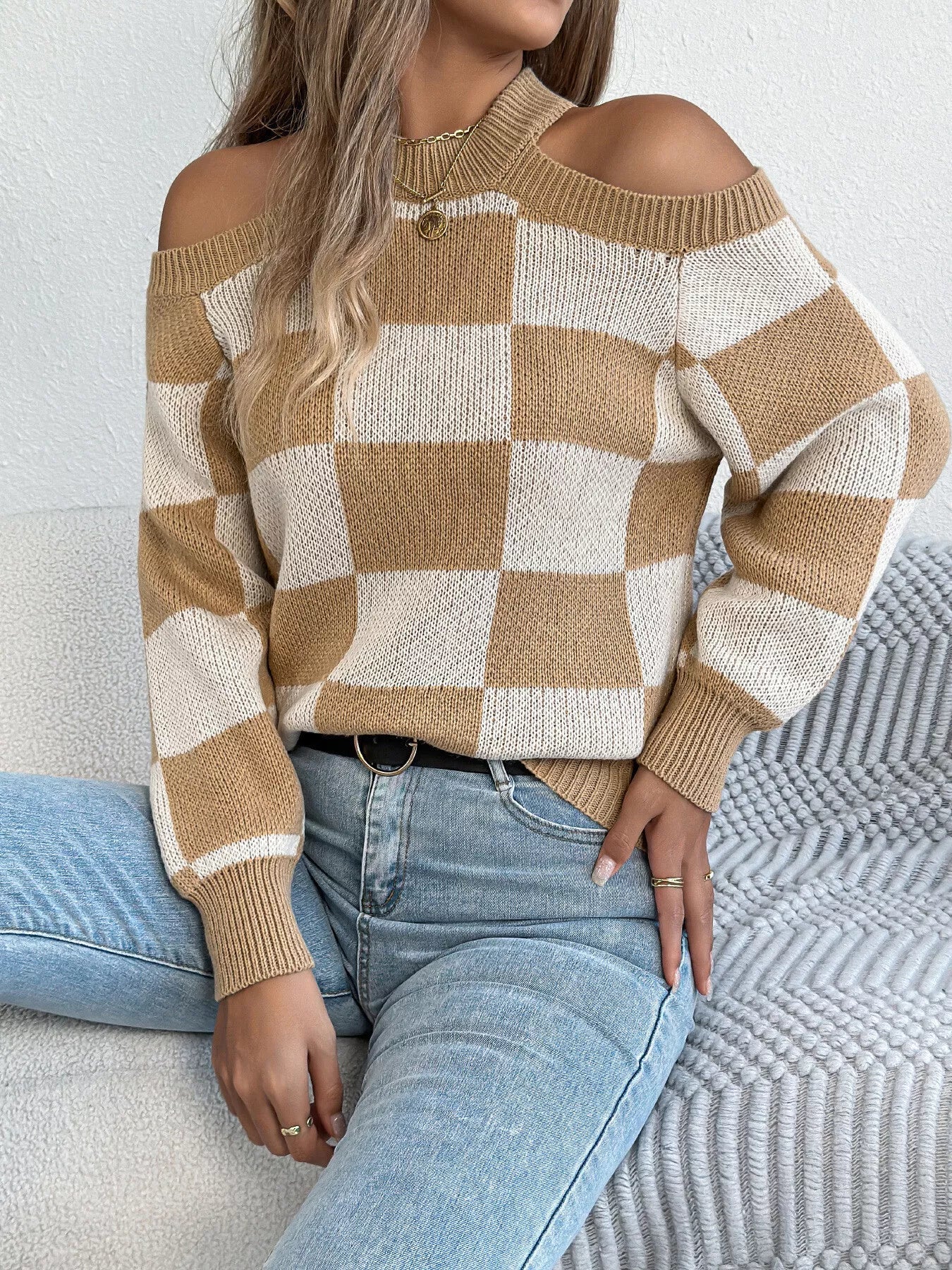 Amanda | Suéter Hombros Al Aire Checkered Manga Larga