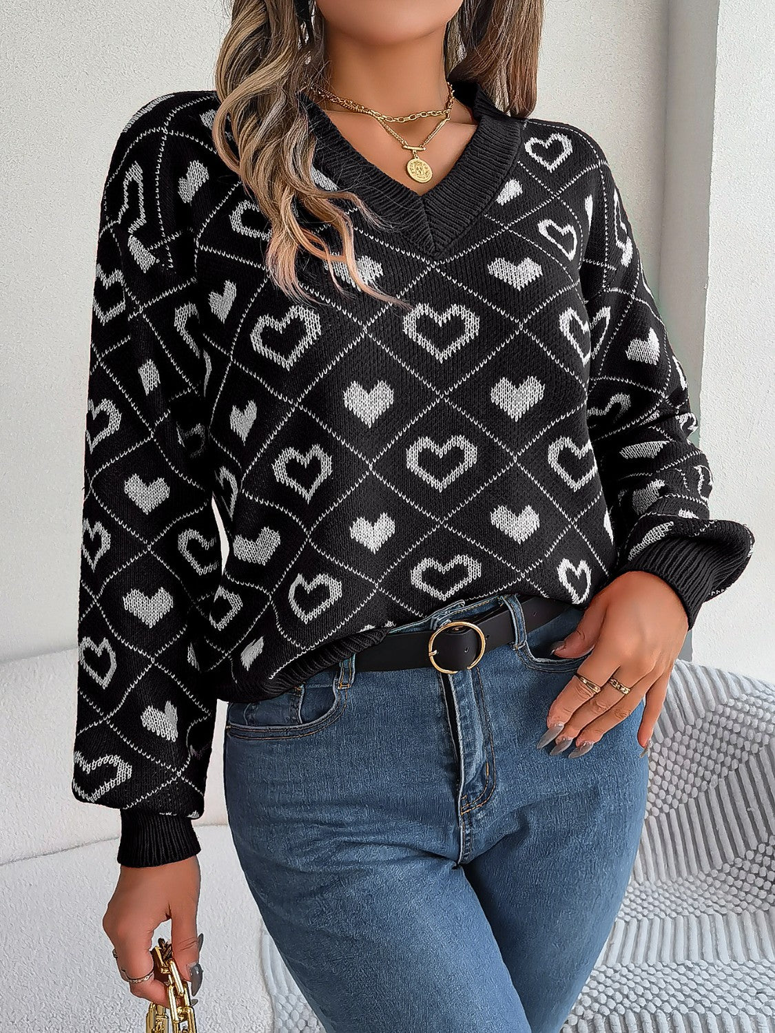 Ayelen | Suéter Heart Estampado Escote V Manga Larga