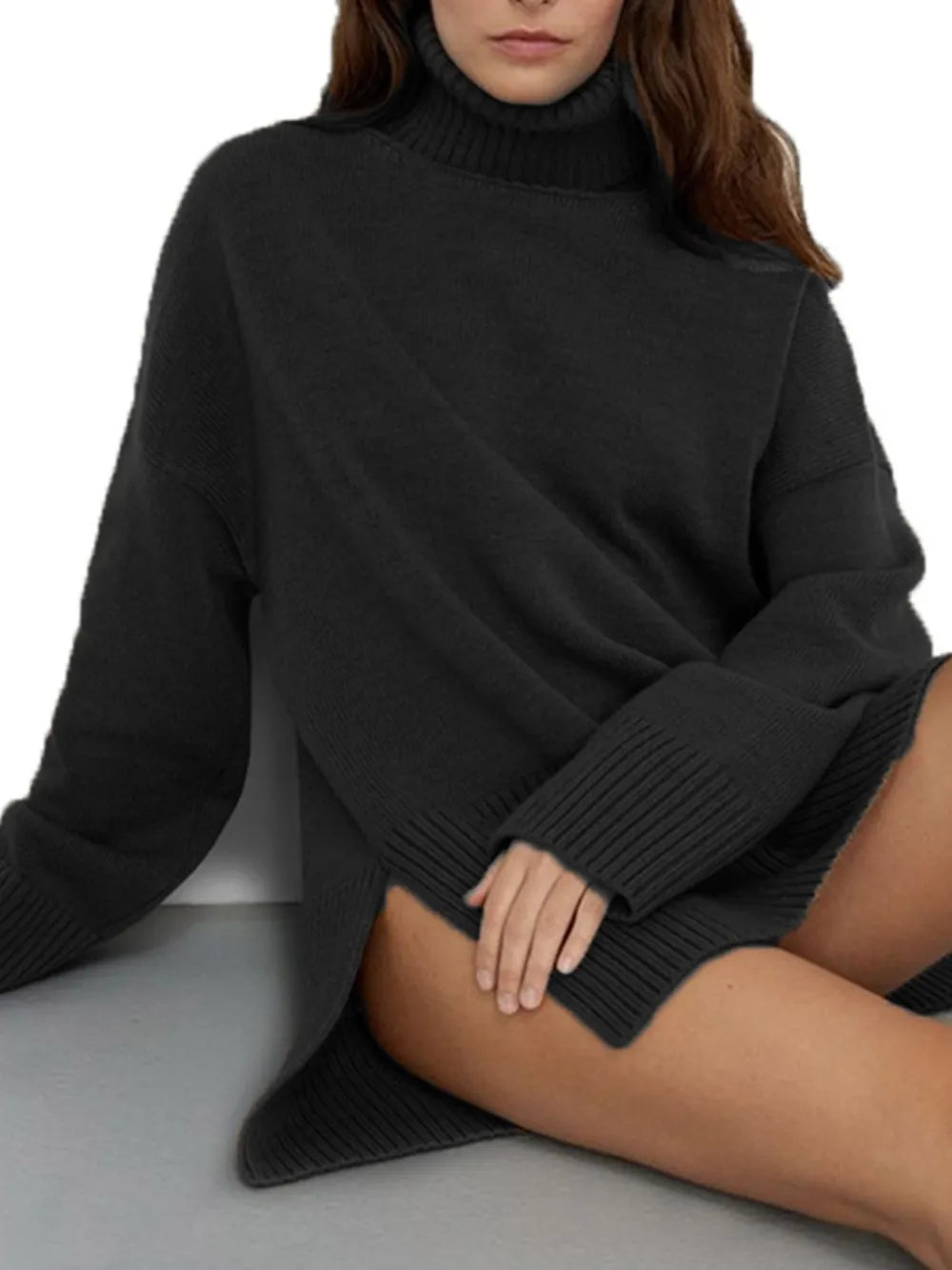 Dolores | Suéter Side Con Abertura Cuello Alto Hombros Caídos