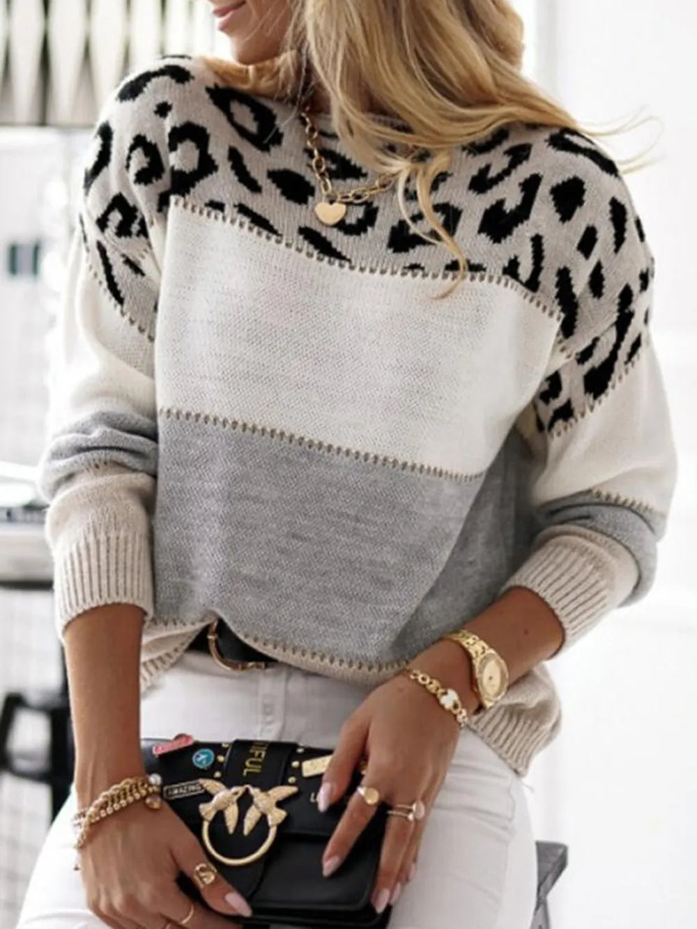 Barbara | Suéter Leopard Bicolor Cuello Redondo Manga Larga
